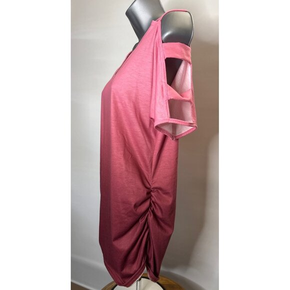 Womens V Neck Short Sleeve Cold Shoulder Cutouts Shirt Light Rose Burgundy, Wine - Picture 5 of 16